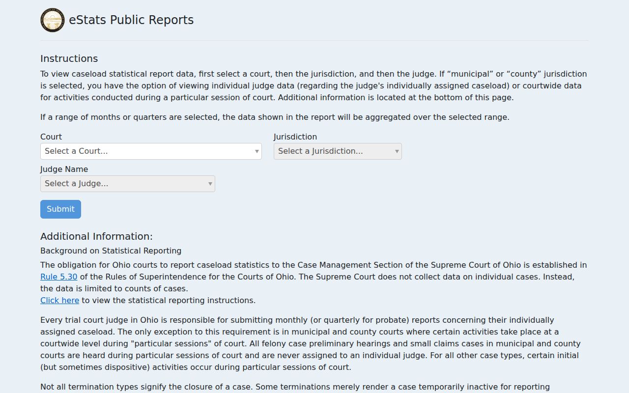 Ottawa County case search Ohio eStats public court reporting interface
