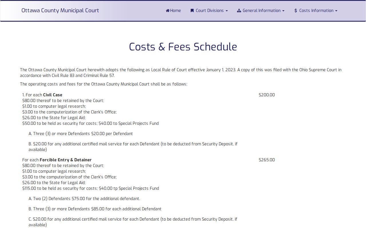 Ottawa County civil docket Municipal Court fee schedule