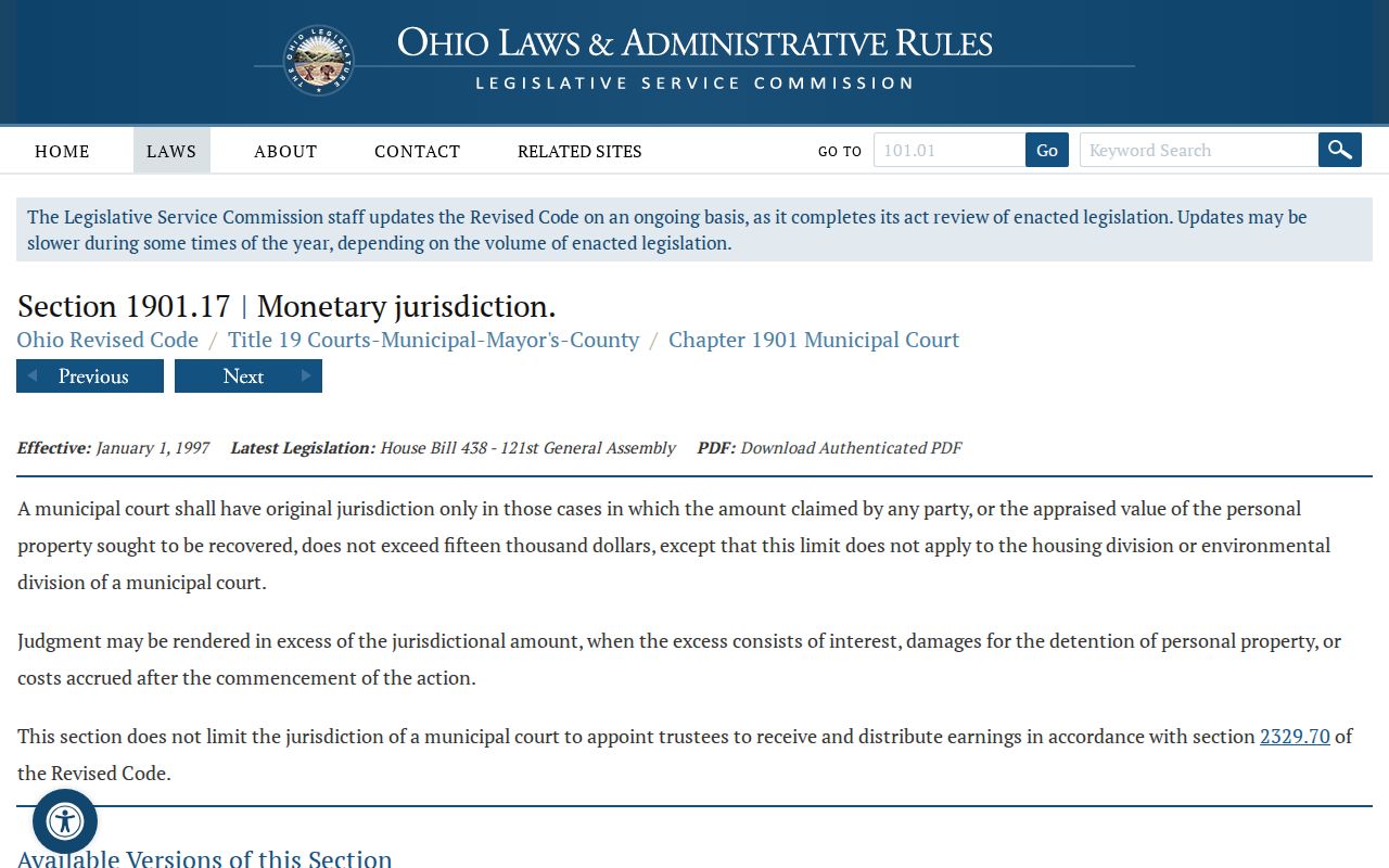 Ottawa County civil docket Municipal Court jurisdiction statute