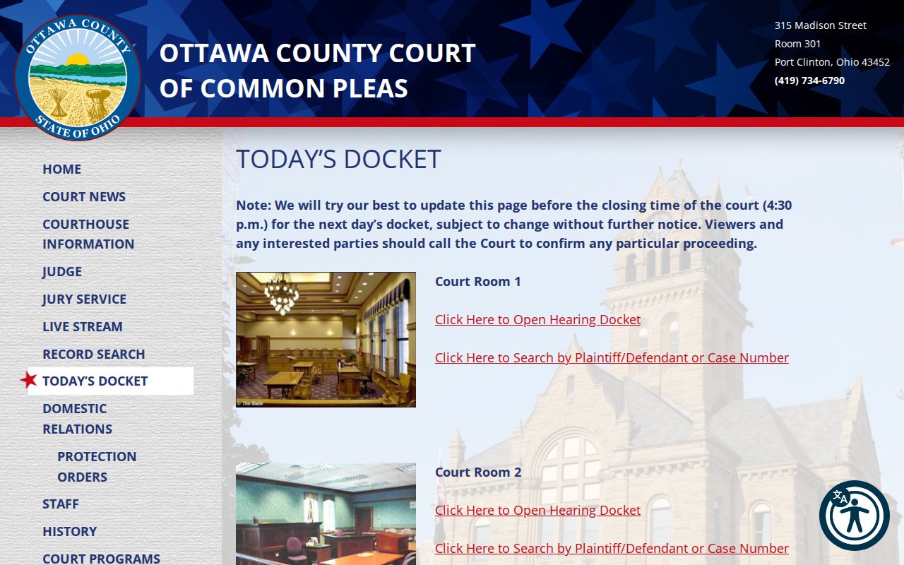Ottawa County court calendar Common Pleas Today’s Docket launcher for Courtroom 1 and Courtroom 2