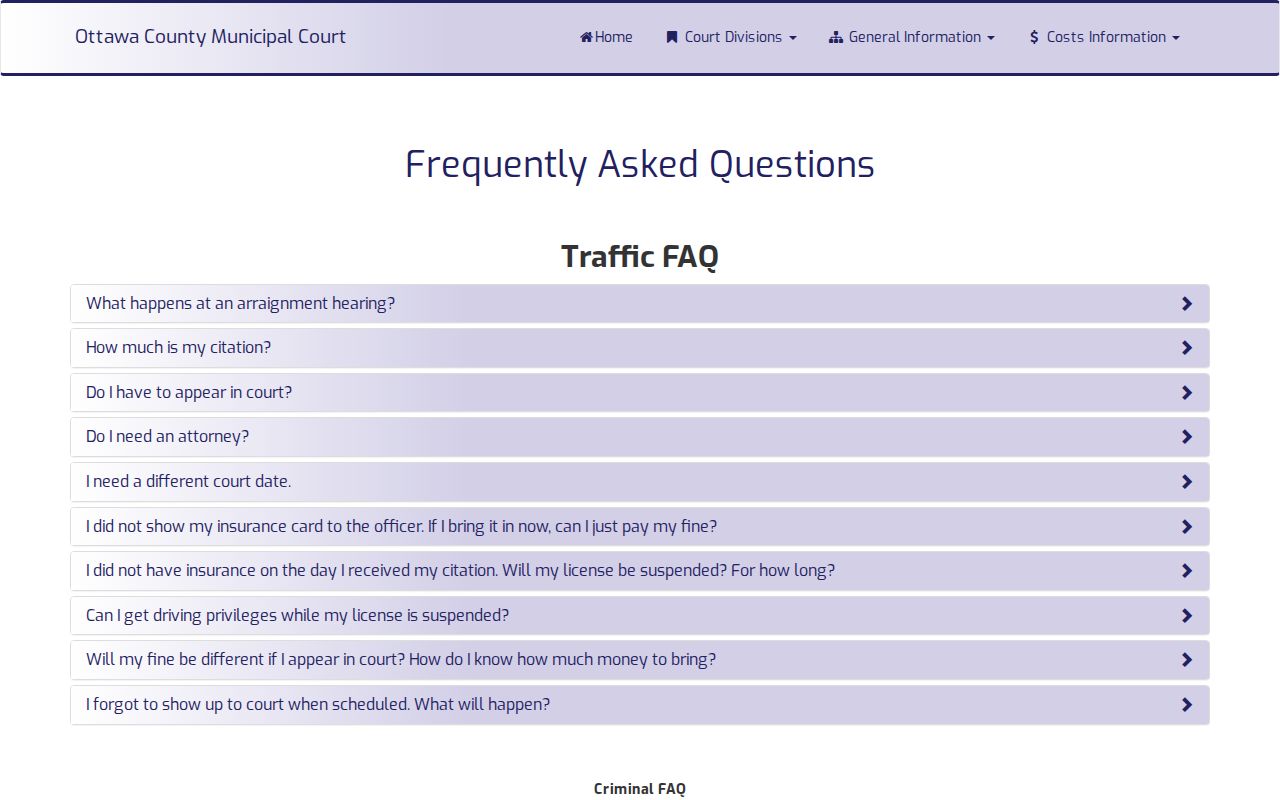 Ottawa County court calendar Municipal Court traffic procedure and continuance information