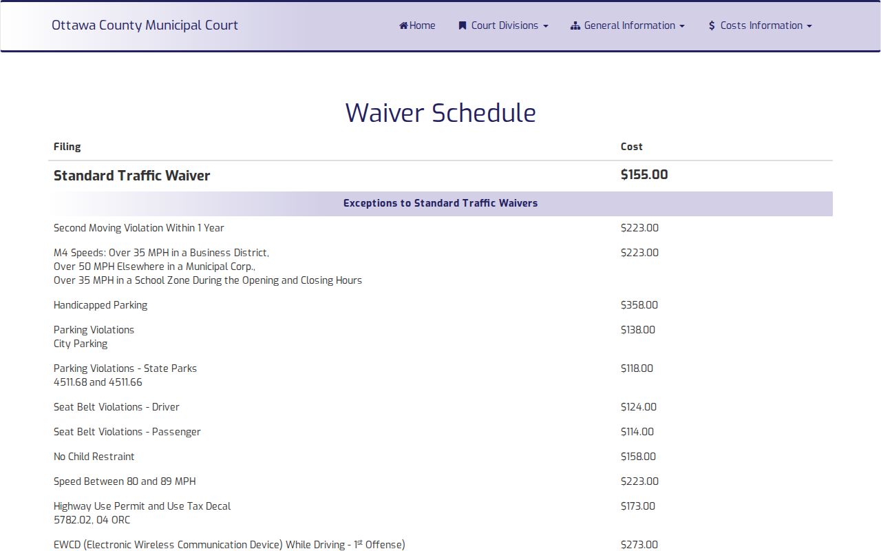 Ottawa County traffic court records Municipal Court waiver schedule